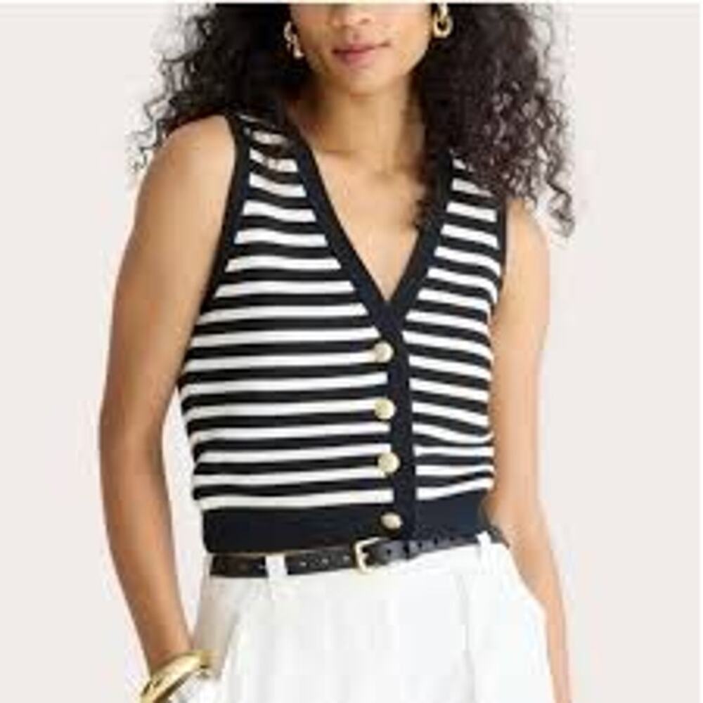 J.Crew Emilie Ribbed V-Neck Sweater Vest Black Stripe Gold Buttons Large GUC - Picture 4 of 4